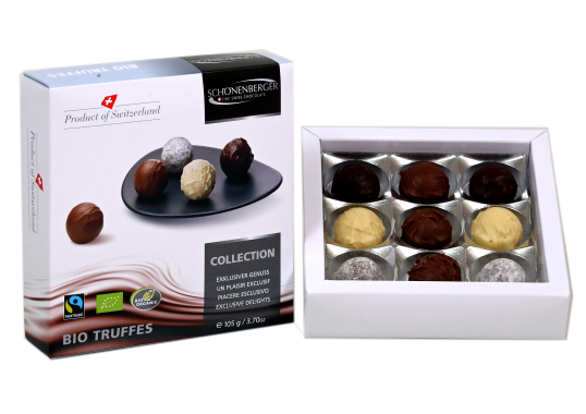 Schönenberger Bio Fairtrade Truffes Schokolade Pralinen aus der Schweiz: Produktbeispiel